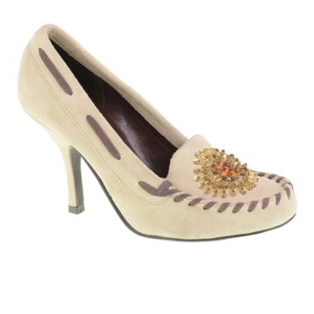 Chinese Laundry Cammie Ivory Suede Pump Embellished High Heel Moc Toe Beads 9